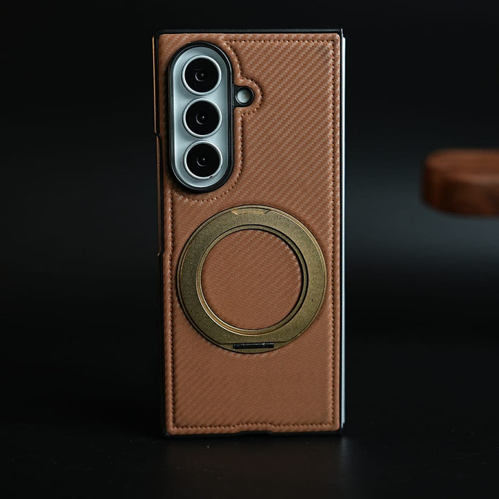 FRATO Z Fold 8 Series Brown Carbon Fiber Texture Case for Samsung Galaxy Z Fold 8 Ultra | Rotating Metal Ring Stand Protective Cover
