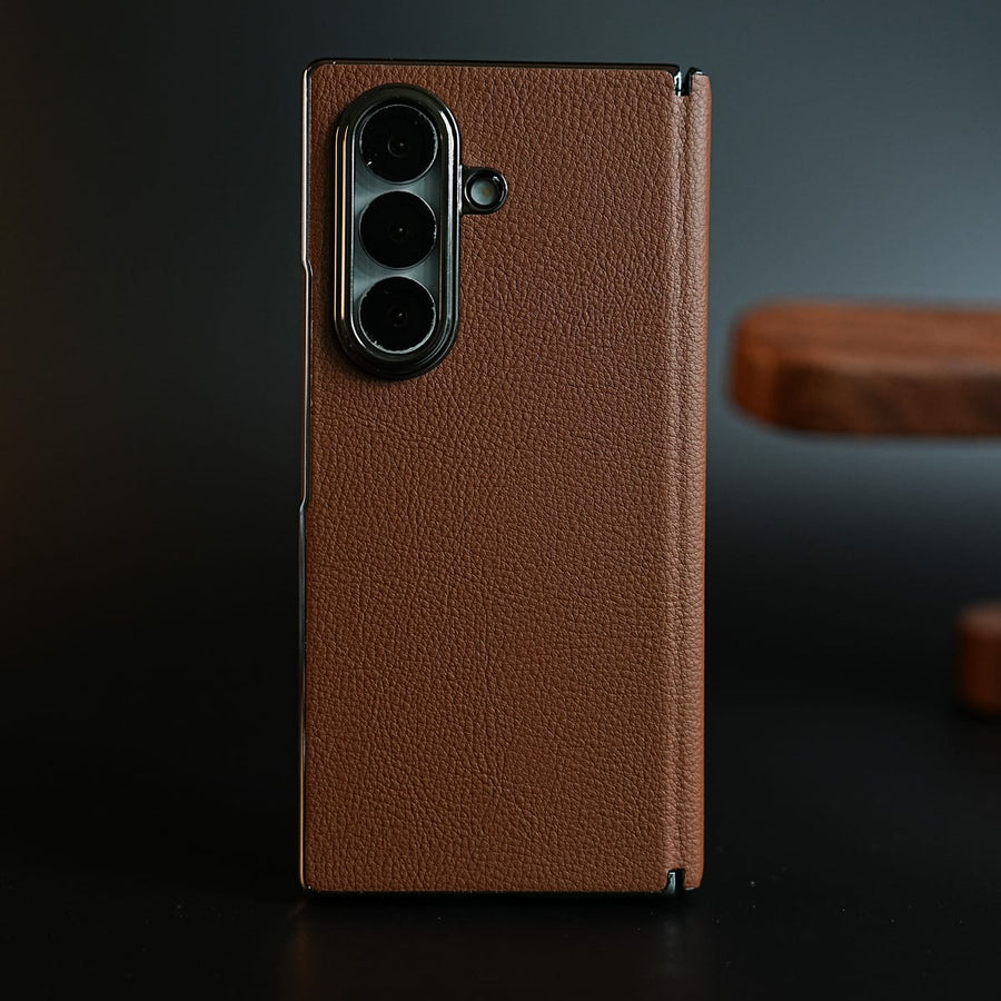 FRATO Z Fold 8 Series Brown Leather Chrome Plated Case with Front Glass Protection For Samsung Galaxy Z Fold 8 Ultra | Premium Textured Finish