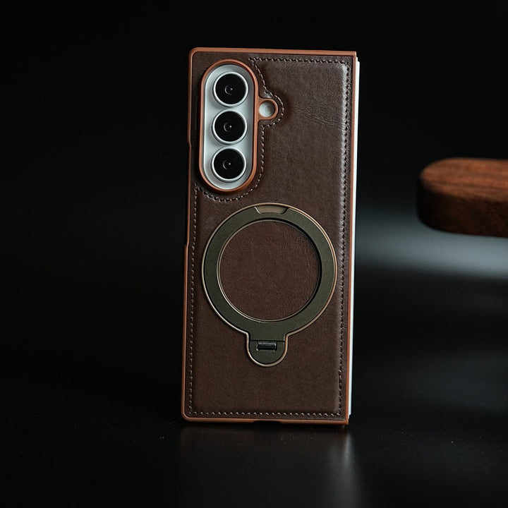 FRATO Z Fold 8 Series Brown Leather Texture Stitched Case for Galaxy Z Fold 8 Ultra | Foldable Ring Stand