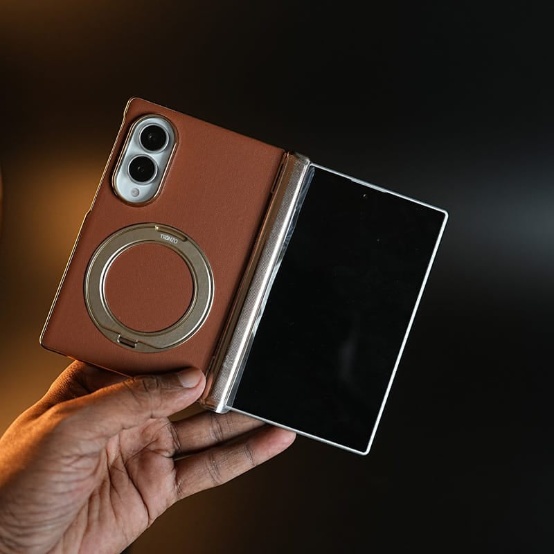 FRATO Z Fold 8 Series Brown Premium Leather Back Case for Samsung Galaxy Z Fold 8 | Full Hinge Protection &amp; Rotating Metal Stand