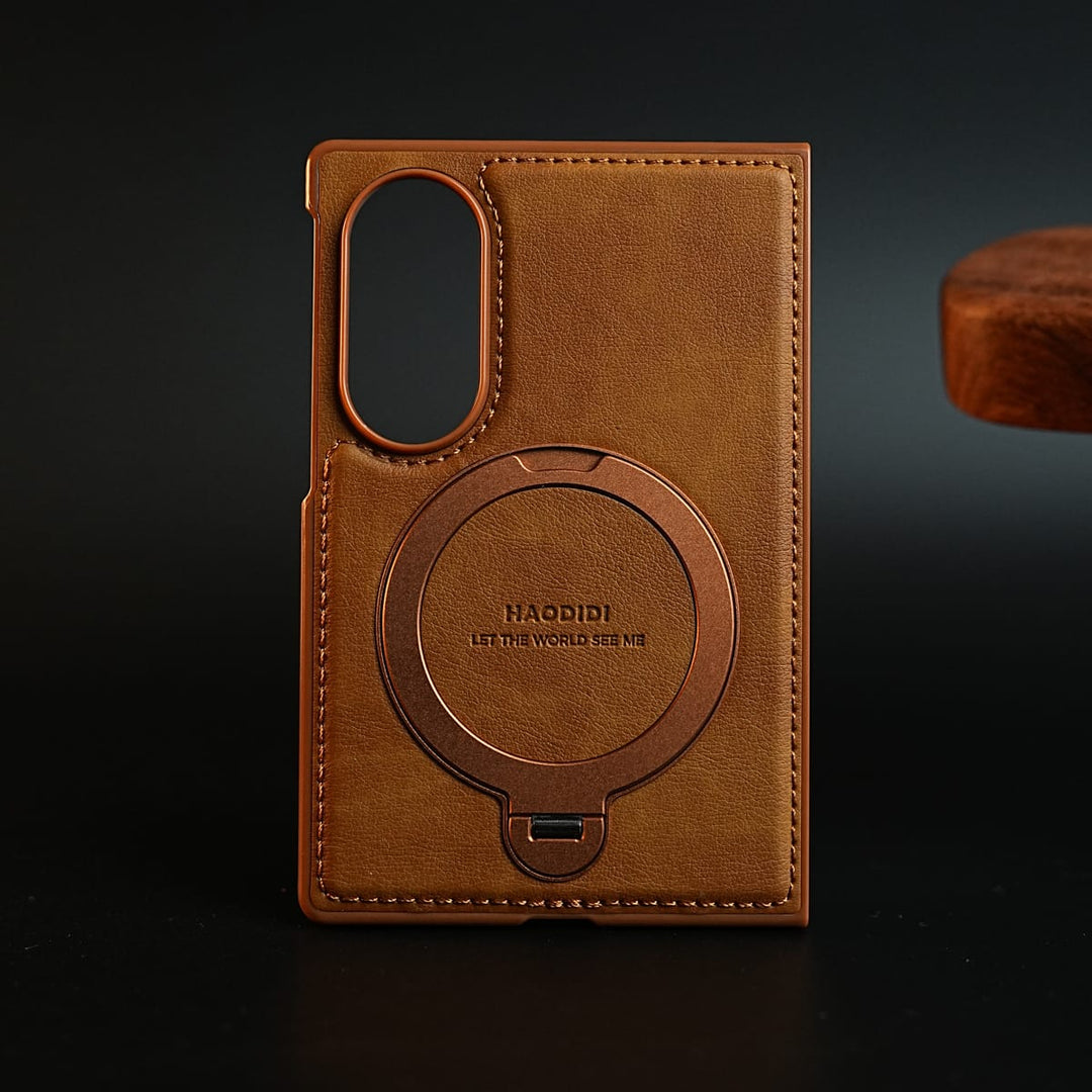 FRATO Z Fold 8 Series Brown Stitched Leather Texture Case for Galaxy Z Fold 8 | Ring Stand and Front Frame