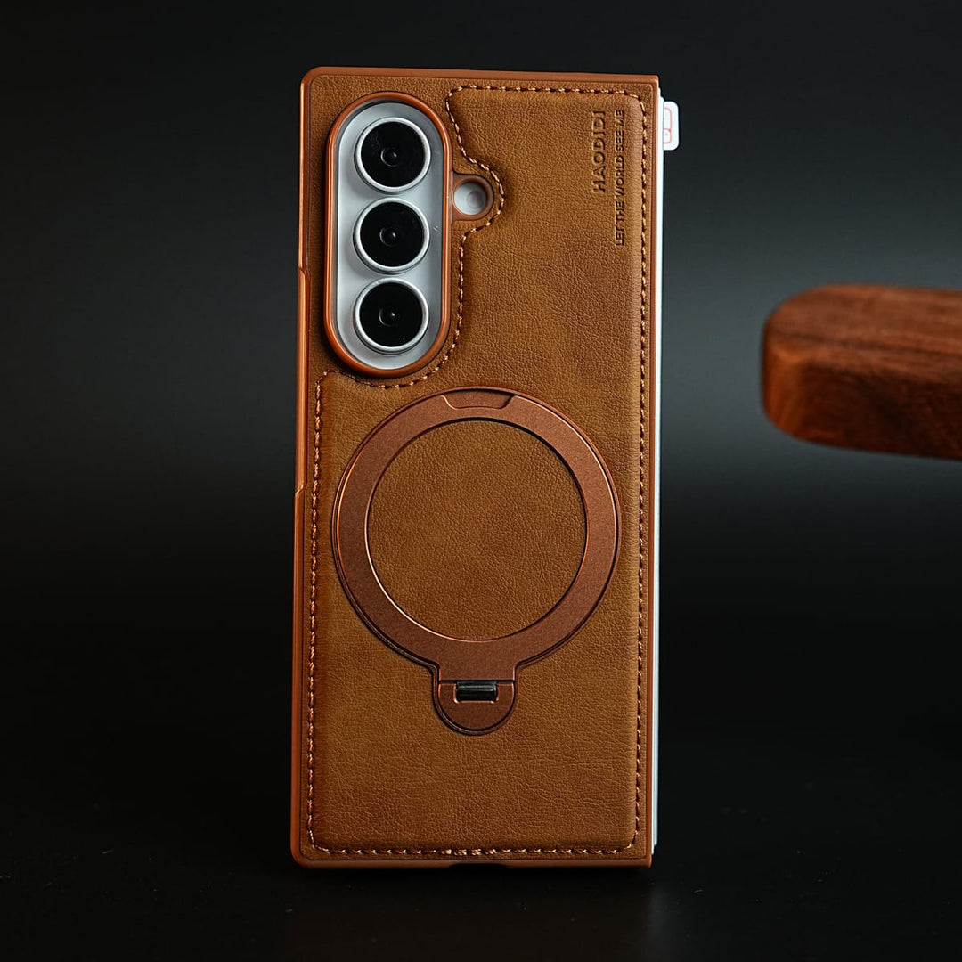 FRATO Z Fold 8 Series Brown Stitched Leather Texture Case for Galaxy Z Fold 8 Ultra | Ring Stand and Front Frame
