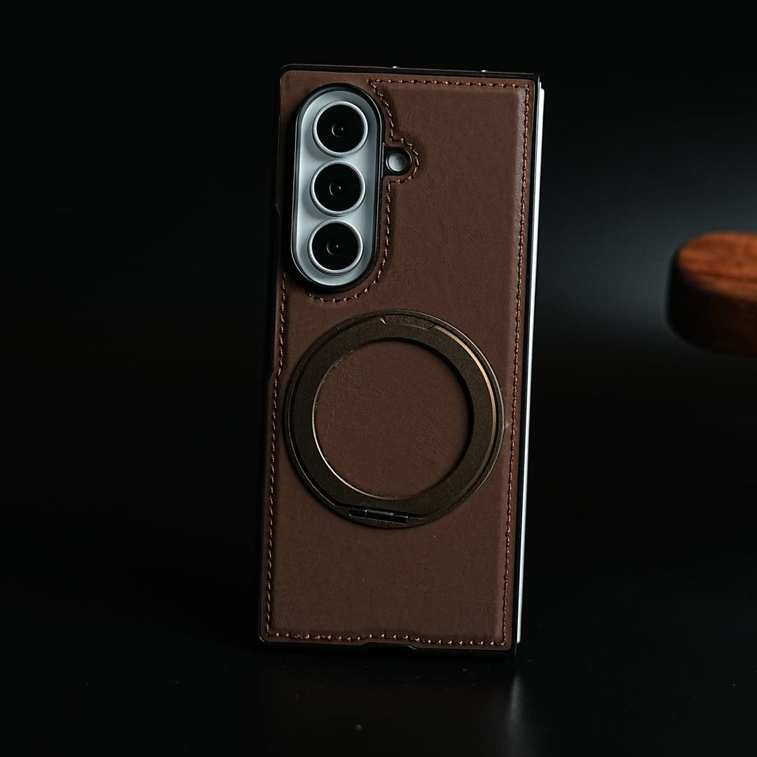 FRATO Z Fold 8 Series Brown Stitched Leather Texture Cover for Galaxy Z Fold 8 Ultra | Metal Ring Stand Case