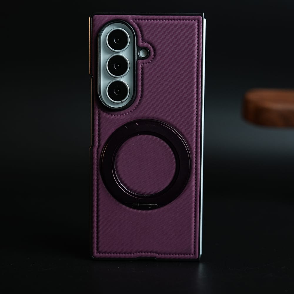 FRATO Z Fold 8 Series Burgundy Carbon Fiber Texture Case for Samsung Galaxy Z Fold 8 Ultra | Rotating Metal Ring Stand Protective Cover