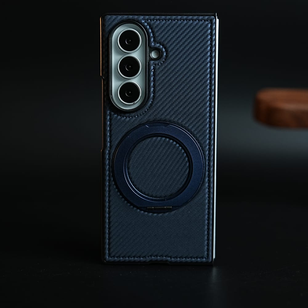 FRATO Z Fold 8 Series Dark Blue Carbon Fiber Texture Case for Samsung Galaxy Z Fold 8 Ultra | Rotating Metal Ring Stand Protective Cover