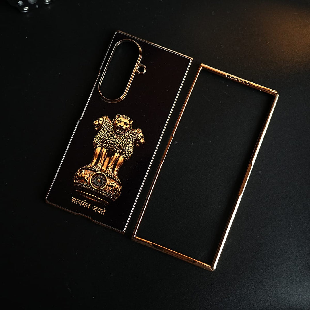 FRATO Z Fold 8 Series Gold Satyameva Jayate Chrome Plated Case for Galaxy Z Fold 8 Ultra | Lion Capital of Ashoka Emblem