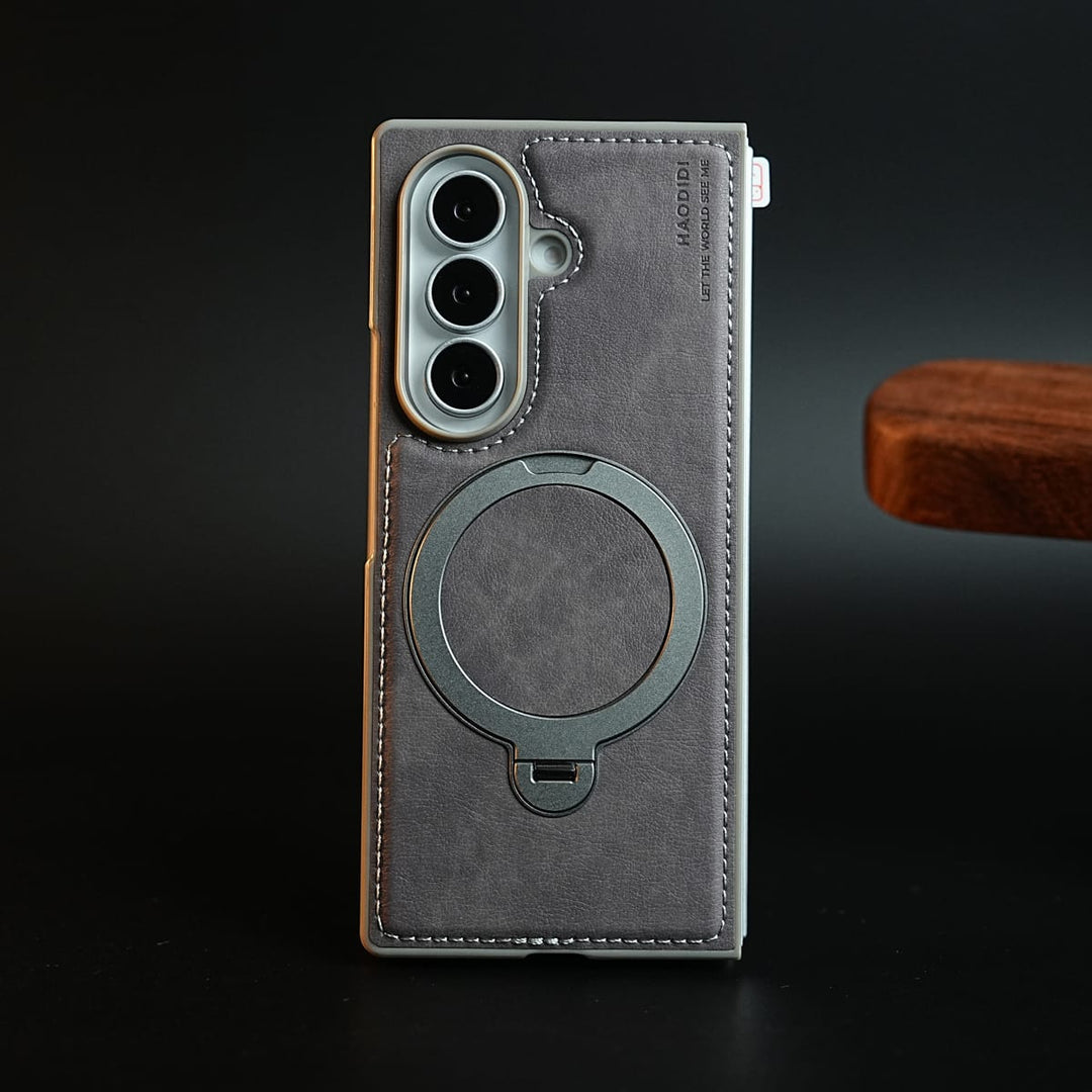 FRATO Z Fold 8 Series Gray Stitched Leather Texture Case for Galaxy Z Fold 8 Ultra | Ring Stand and Front Frame
