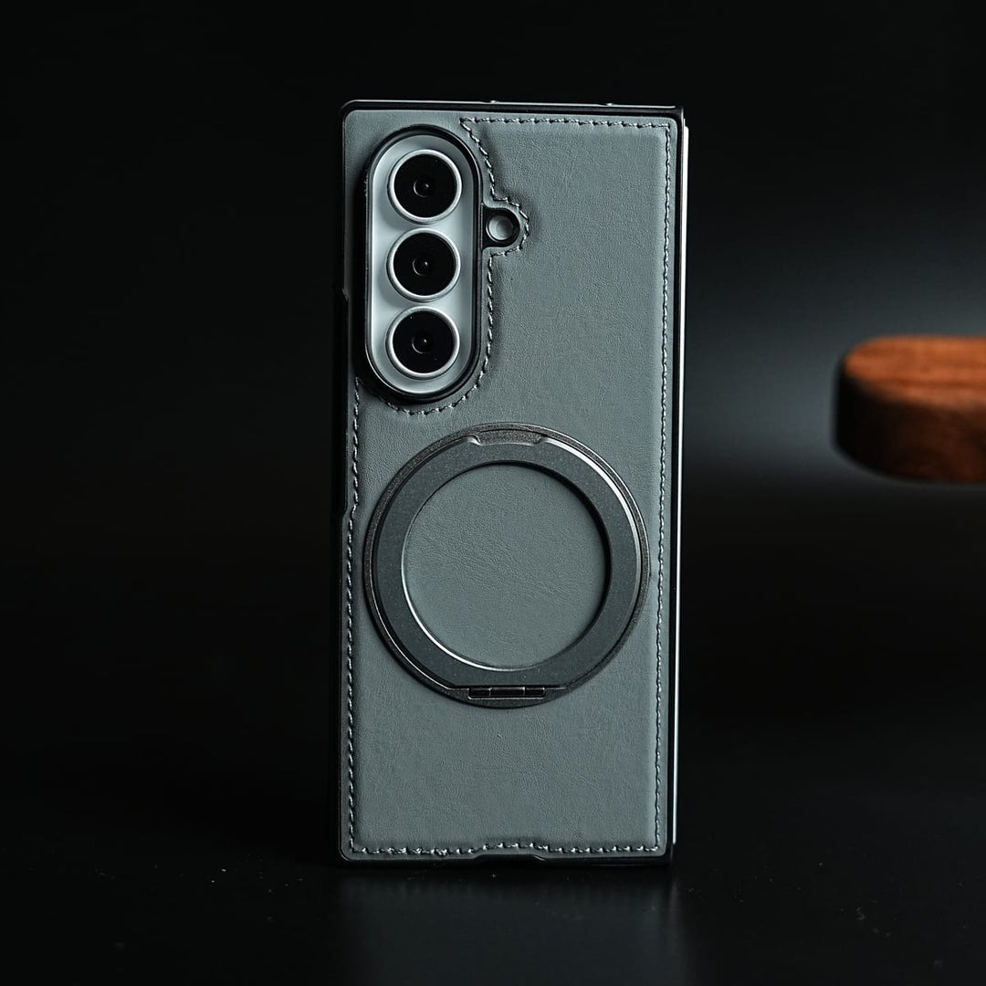 FRATO Z Fold 8 Series Gray Stitched Leather Texture Cover for Galaxy Z Fold 8 Ultra | Metal Ring Stand Case