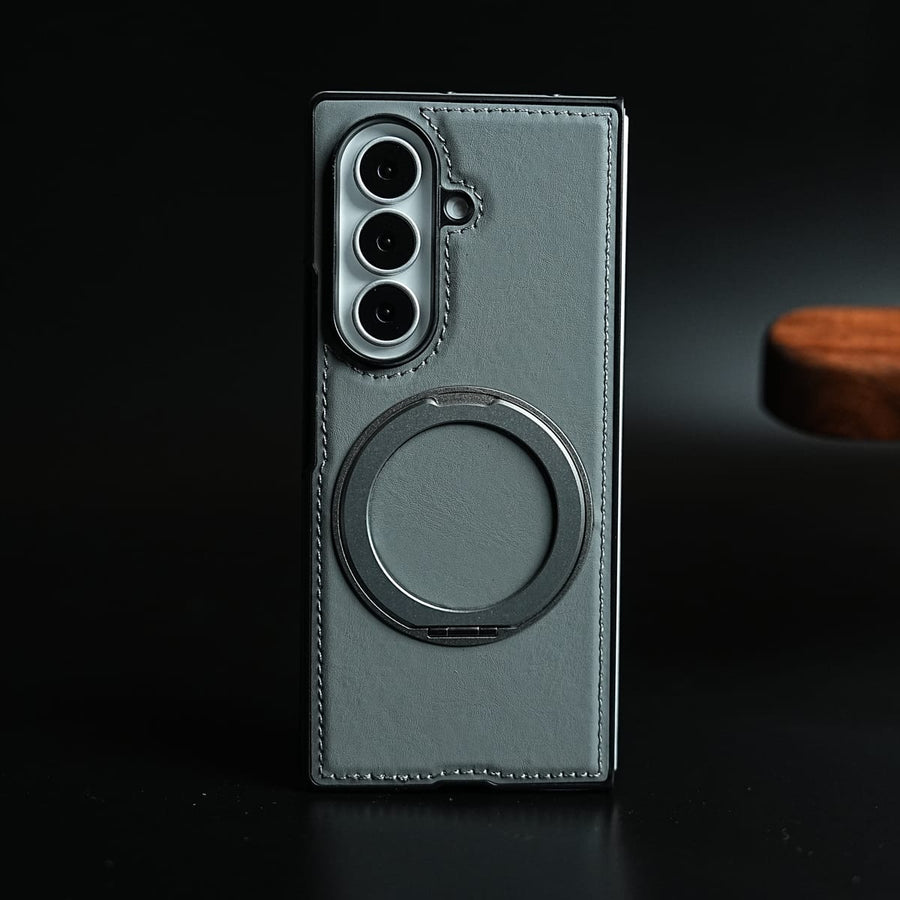 FRATO Z Fold 8 Series Gray Stitched Leather Texture Cover for Galaxy Z Fold 8 Ultra | Metal Ring Stand Case