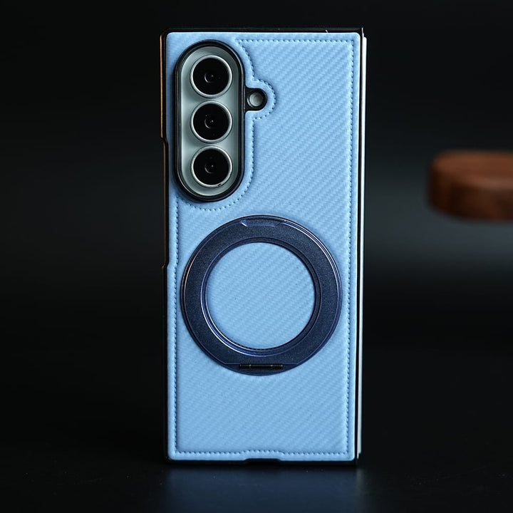 FRATO Z Fold 8 Series Light Blue Carbon Fiber Texture Case for Samsung Galaxy Z Fold 8 Ultra | Rotating Metal Ring Stand Protective Cover
