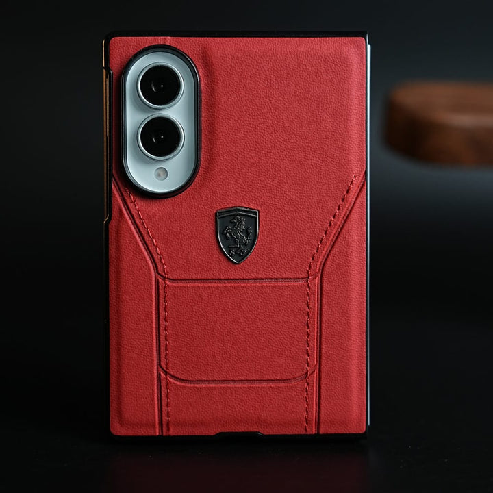 FRATO Z Fold 8 Series Red Racing-Inspired Leather-Texture Case for Samsung Galaxy Z Fold 8 | Sporty Stitching &amp; Shield Emblem Design
