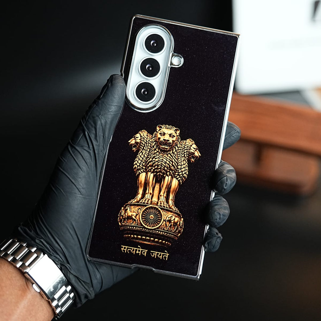 FRATO Z Fold 8 Series Satyameva Jayate Chrome Plated Case for Galaxy Z Fold 8 Ultra | Lion Capital of Ashoka Emblem