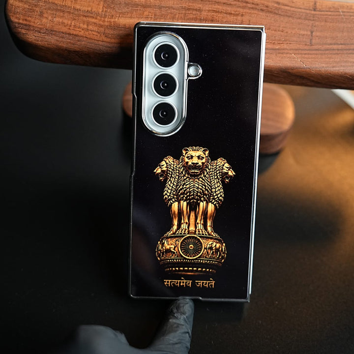 FRATO Z Fold 8 Series Satyameva Jayate Chrome Plated Case for Galaxy Z Fold 8 Ultra | Lion Capital of Ashoka Emblem