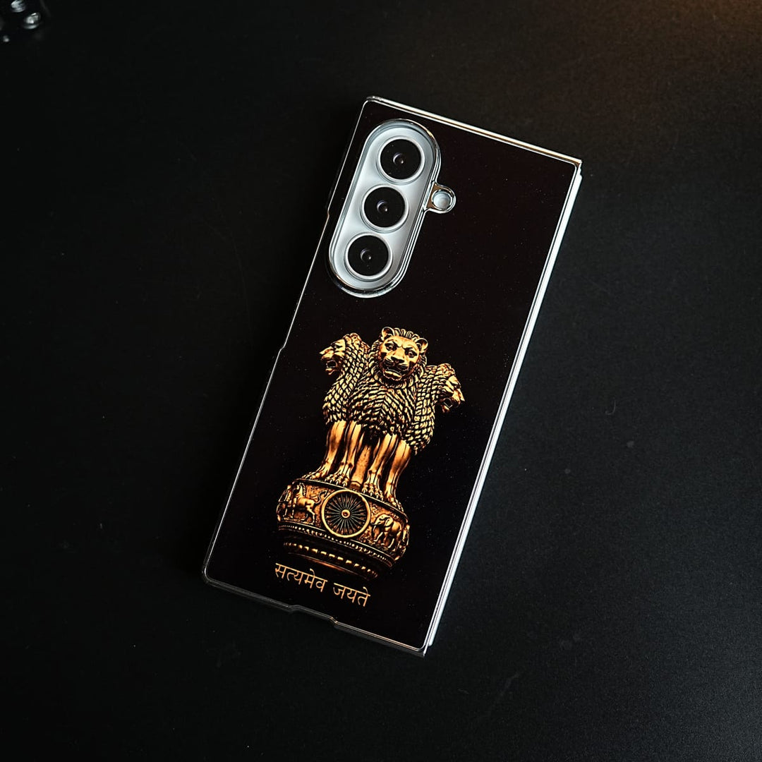 FRATO Z Fold 8 Series Satyameva Jayate Chrome Plated Case for Galaxy Z Fold 8 Ultra | Lion Capital of Ashoka Emblem