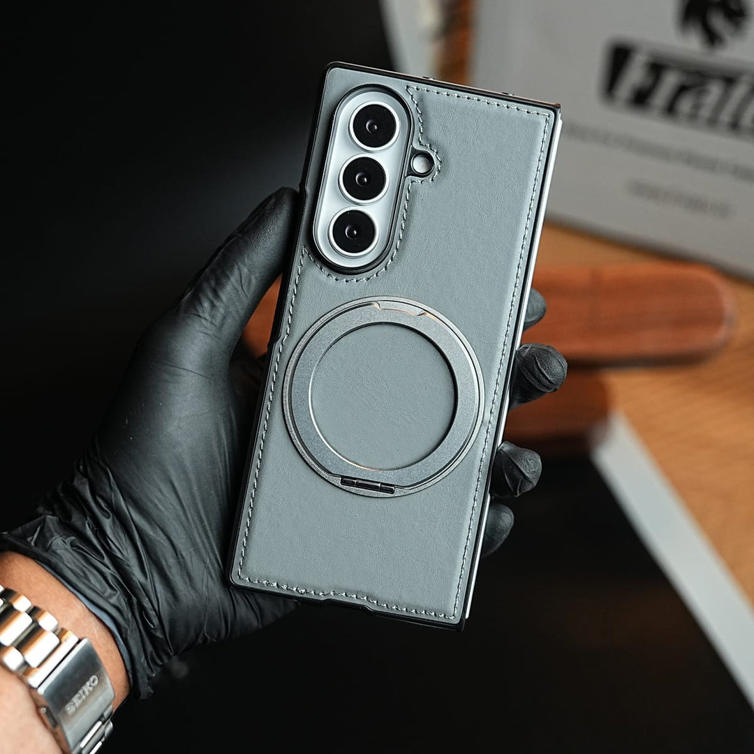 FRATO Z Fold 8 Series Stitched Leather Texture Cover for Galaxy Z Fold 8 Ultra | Metal Ring Stand Case