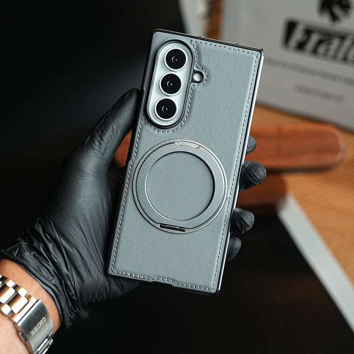 FRATO Z Fold 8 Series Stitched Leather Texture Cover for Galaxy Z Fold 8 Ultra | Metal Ring Stand Case