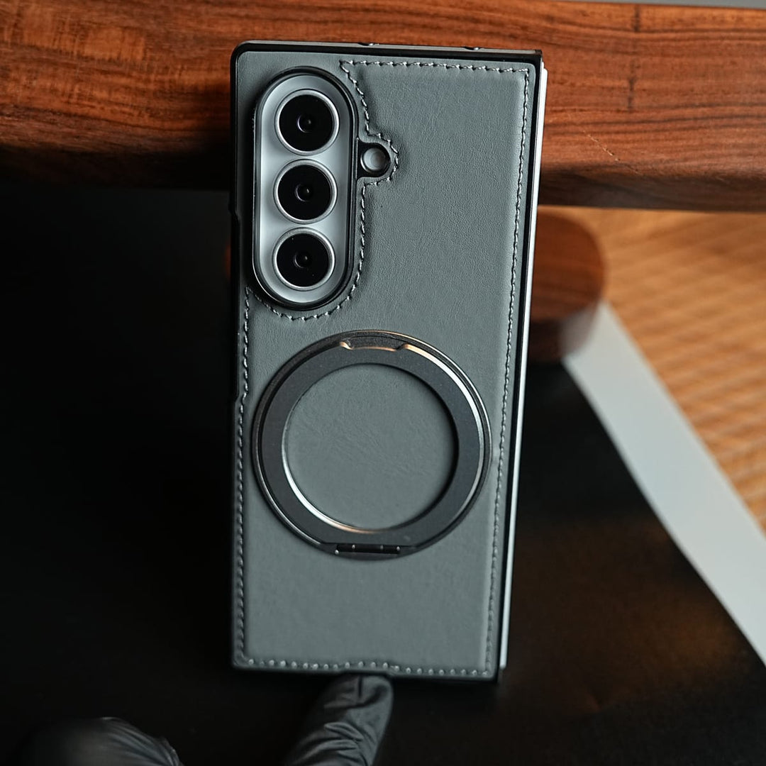 FRATO Z Fold 8 Series Stitched Leather Texture Cover for Galaxy Z Fold 8 Ultra | Metal Ring Stand Case
