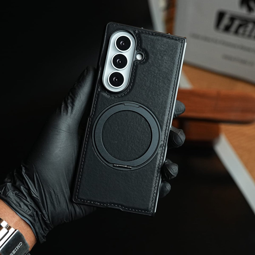 FRATO Z Fold 8 Series Stitched Leather Texture Cover for Galaxy Z Fold 8 Ultra | Metal Ring Stand Case