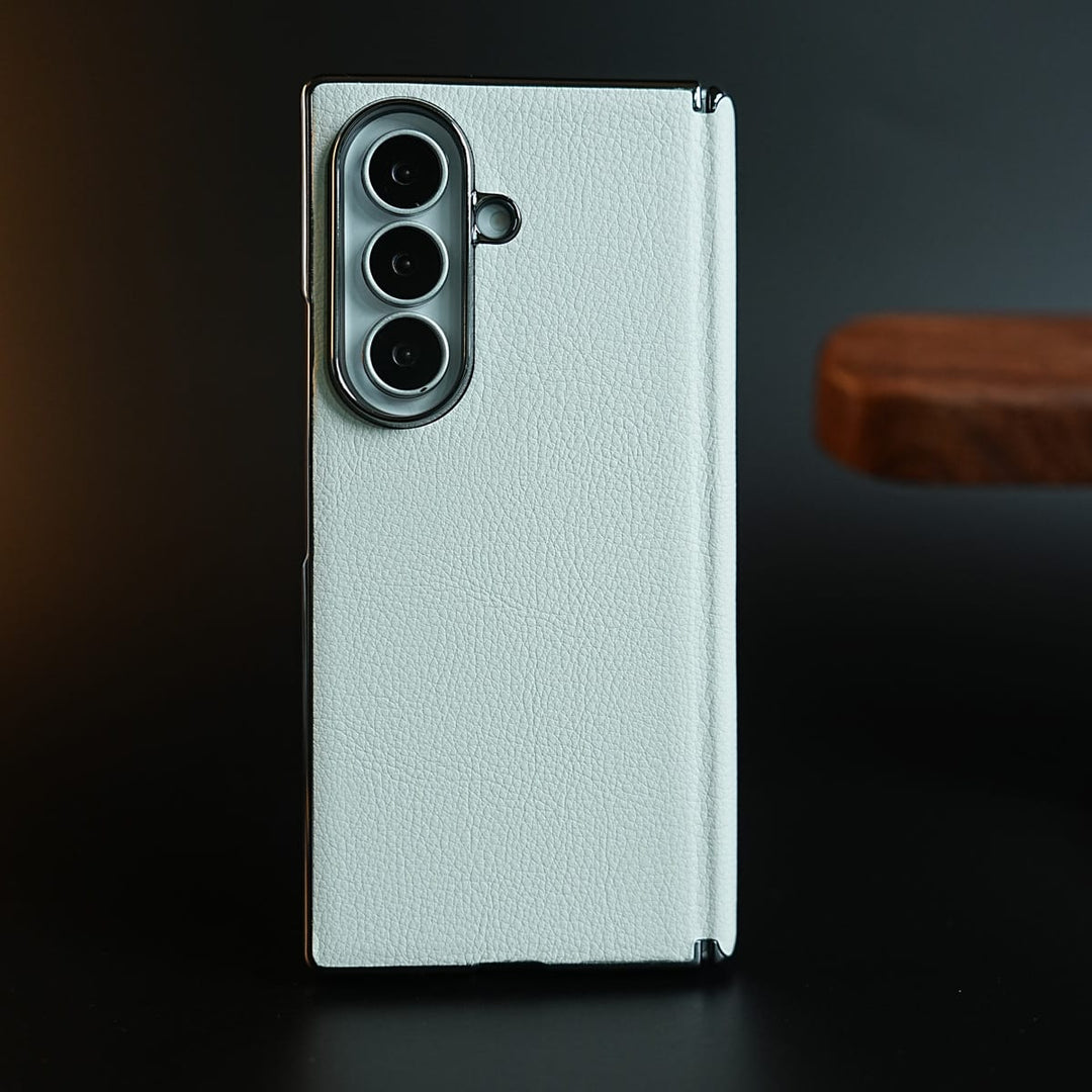 FRATO Z Fold 8 Series White Leather Chrome Plated Case with Front Glass Protection For Samsung Galaxy Z Fold 8 Ultra | Premium Textured Finish