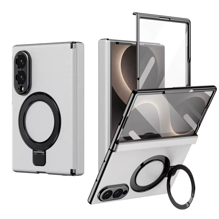 FRATO Z Fold 8 Series White Leather Texture Magnetic Ring Stand Case for Samsung Galaxy Z Fold 8 | Front Glass Cover