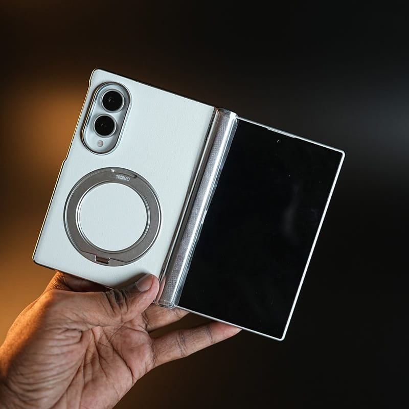 FRATO Z Fold 8 Series White Premium Leather Back Case for Samsung Galaxy Z Fold 8 | Full Hinge Protection &amp; Rotating Metal Stand