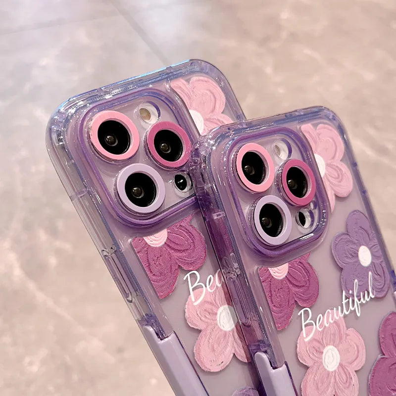 iPhone 15 Series Beautiful Purple Glossy Floral With Kickstand Case Cover