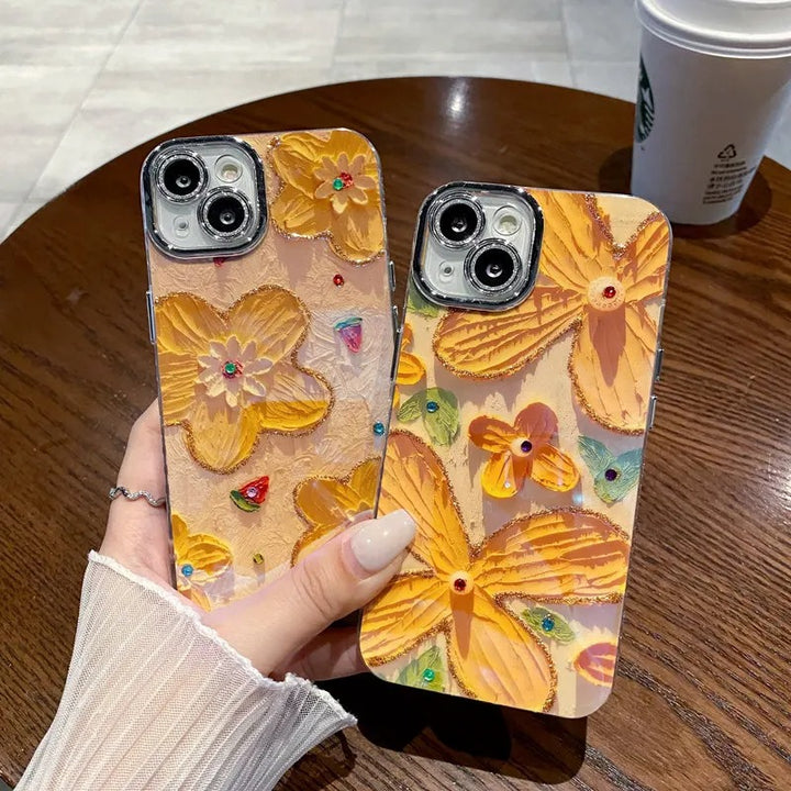 iPhone Luxury 3D Oil Painting Floral Design With Glitter Lens Protection Case Cover(Yellow Floral)