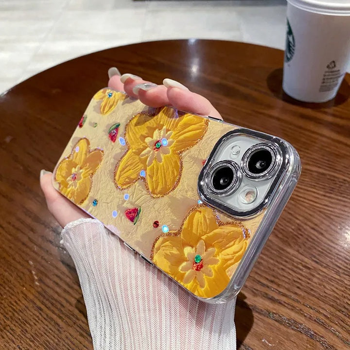 iPhone Luxury 3D Oil Painting Floral Design With Glitter Lens Protection Case Cover(Yellow Floral)