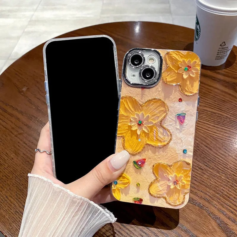 iPhone Luxury 3D Oil Painting Floral Design With Glitter Lens Protection Case Cover(Yellow Floral)