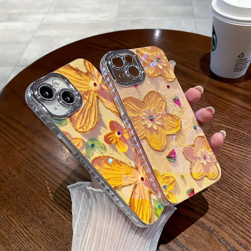 iPhone Luxury 3D Oil Painting Floral Design With Glitter Lens Protection Case Cover(Yellow Floral)