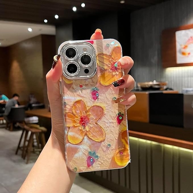 iPhone Luxury 3D Oil Painting Floral Design With Glitter Lens Protection Case Cover(Yellow Floral)