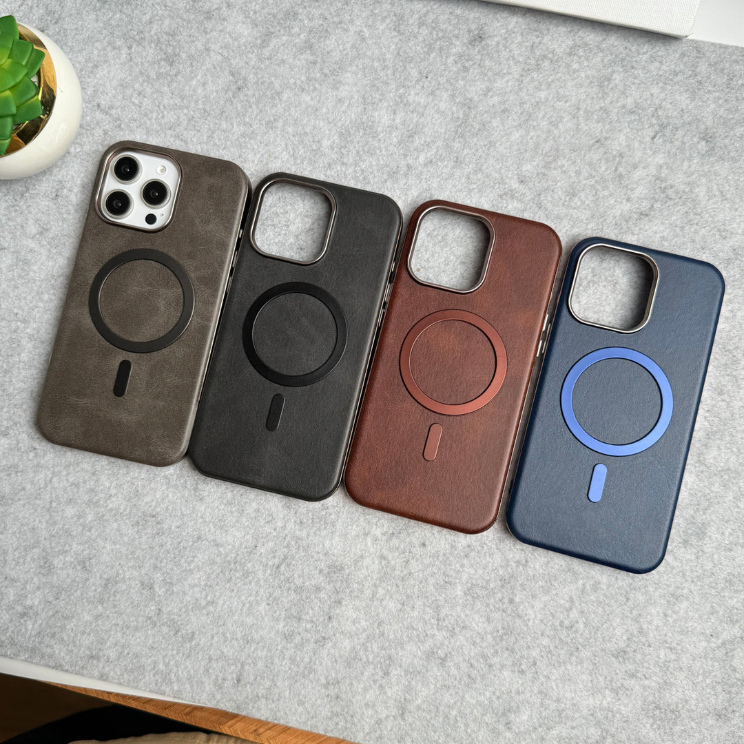 iPhone 15 Pro Metallic Textured Leather MagSafe Ring Case Cover