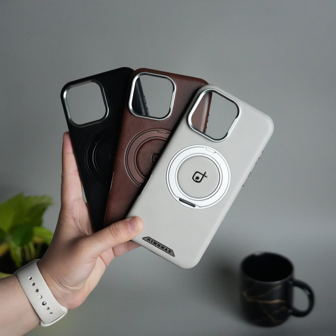 iPhone 15 Series Luxury Leather Magnetic Ring Case | Metal Camera Frame and Kickstand Cover