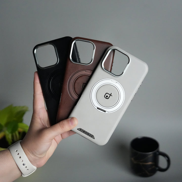 iPhone 15 Series Luxury Leather Magnetic Ring Case | Metal Camera Frame and Kickstand Cover