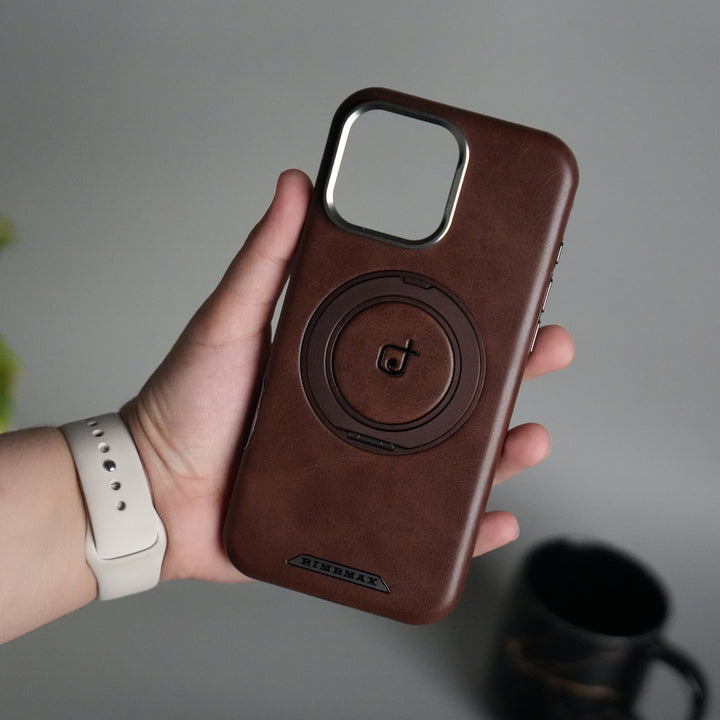 iPhone 15 Series Luxury Leather Magnetic Ring Case | Metal Camera Frame and Kickstand Cover