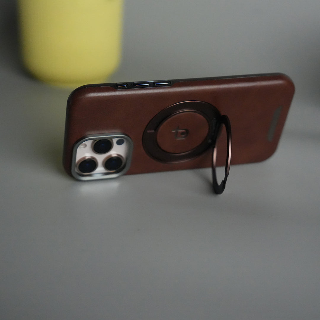 iPhone 15 Series Luxury Leather Magnetic Ring Case | Metal Camera Frame and Kickstand Cover
