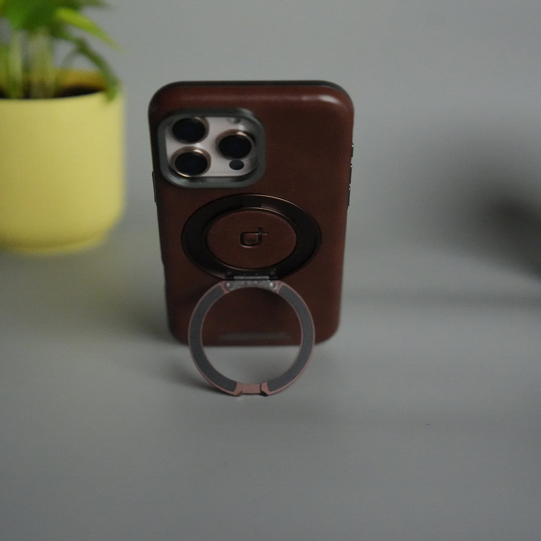iPhone 15 Series Luxury Leather Magnetic Ring Case | Metal Camera Frame and Kickstand Cover