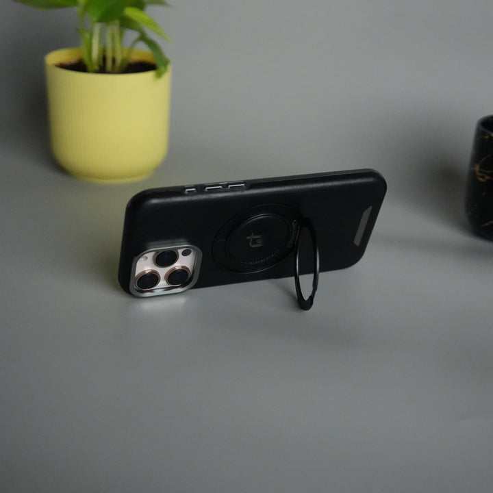 iPhone 15 Series Luxury Leather Magnetic Ring Case | Metal Camera Frame and Kickstand Cover