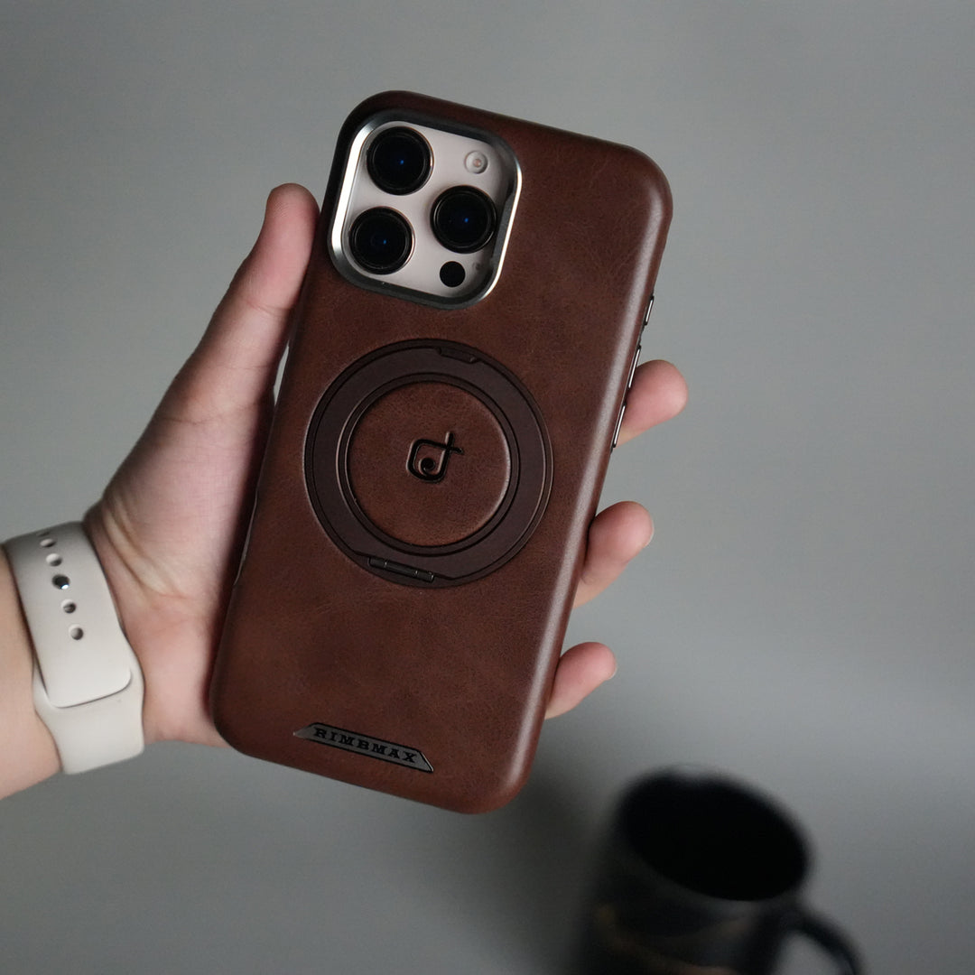 iPhone 15 Series Luxury Leather Magnetic Ring Case | Metal Camera Frame and Kickstand Cover