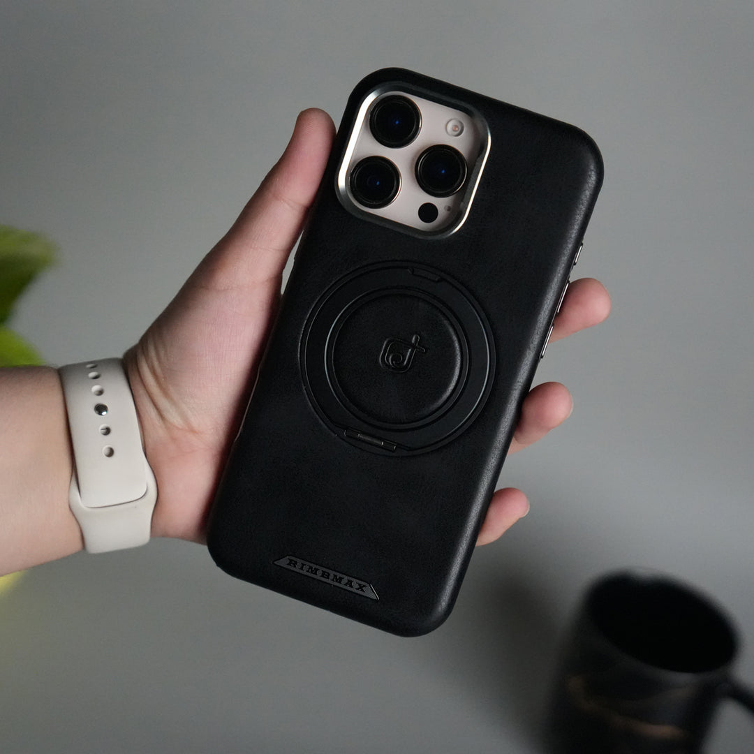 iPhone 15 Series Luxury Leather Magnetic Ring Case | Metal Camera Frame and Kickstand Cover