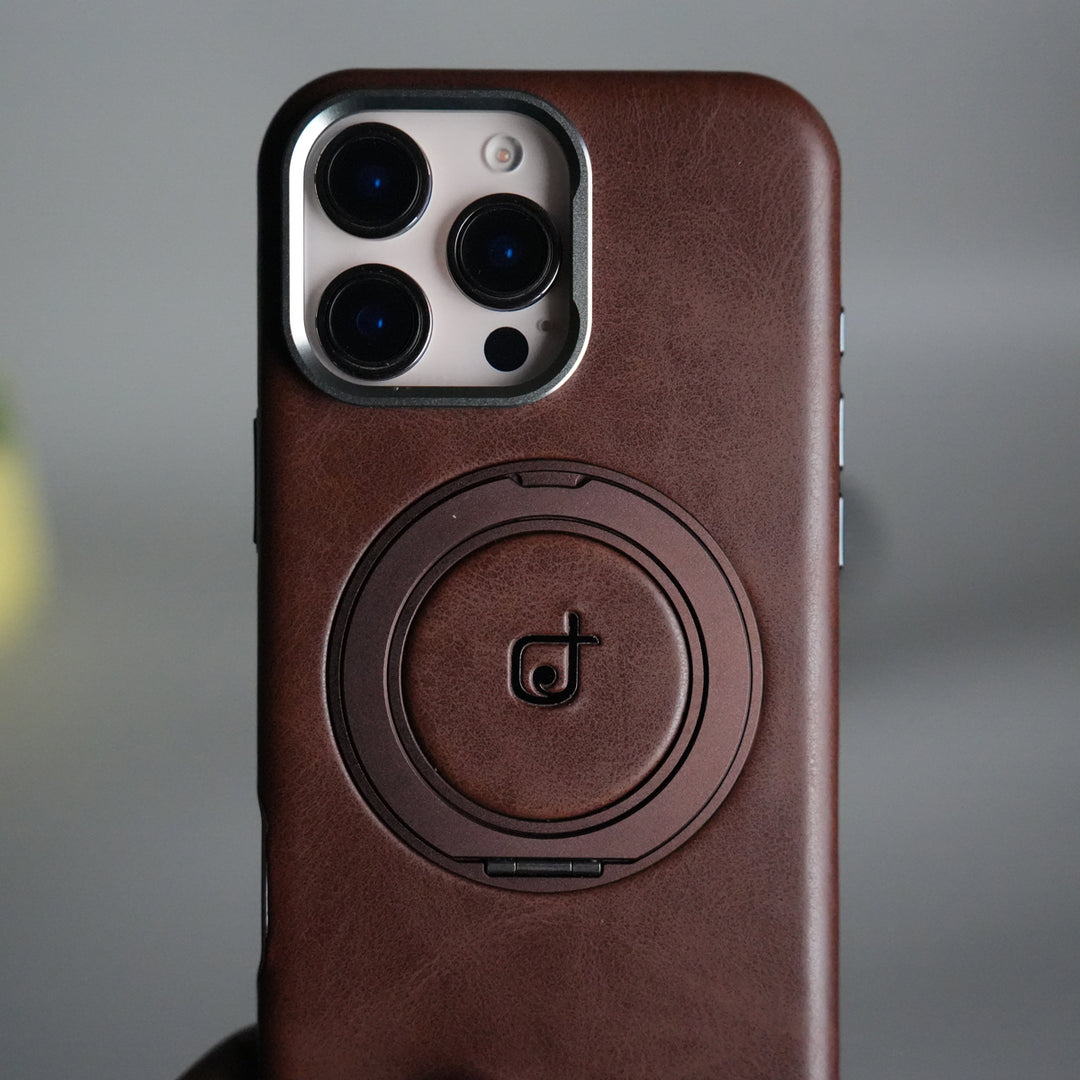iPhone 15 Series Luxury Leather Magnetic Ring Case | Metal Camera Frame and Kickstand Cover