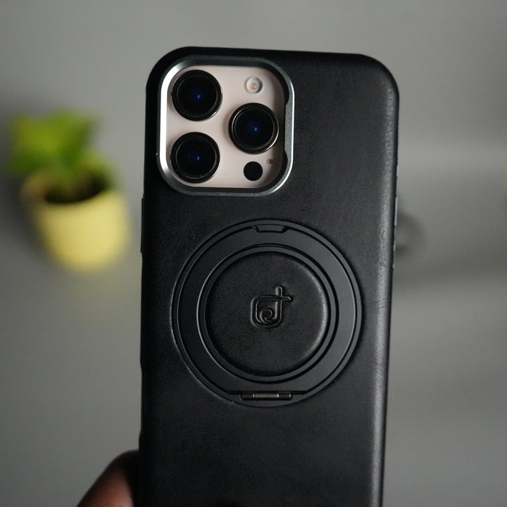 iPhone 15 Series Luxury Leather Magnetic Ring Case | Metal Camera Frame and Kickstand Cover