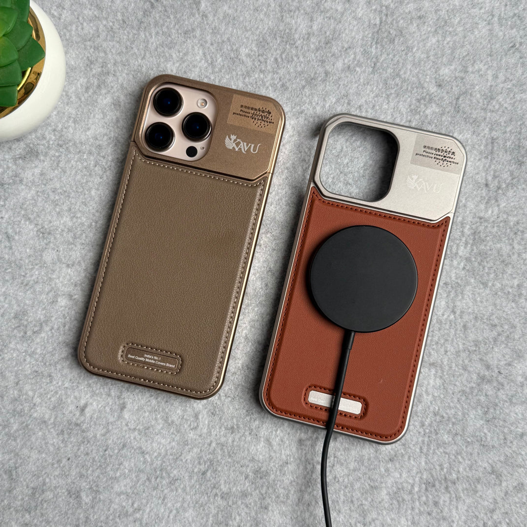 iPhone 16 Series Premium Metallic AeroFLex Aluminium Stitch Leather MagSafe Case
