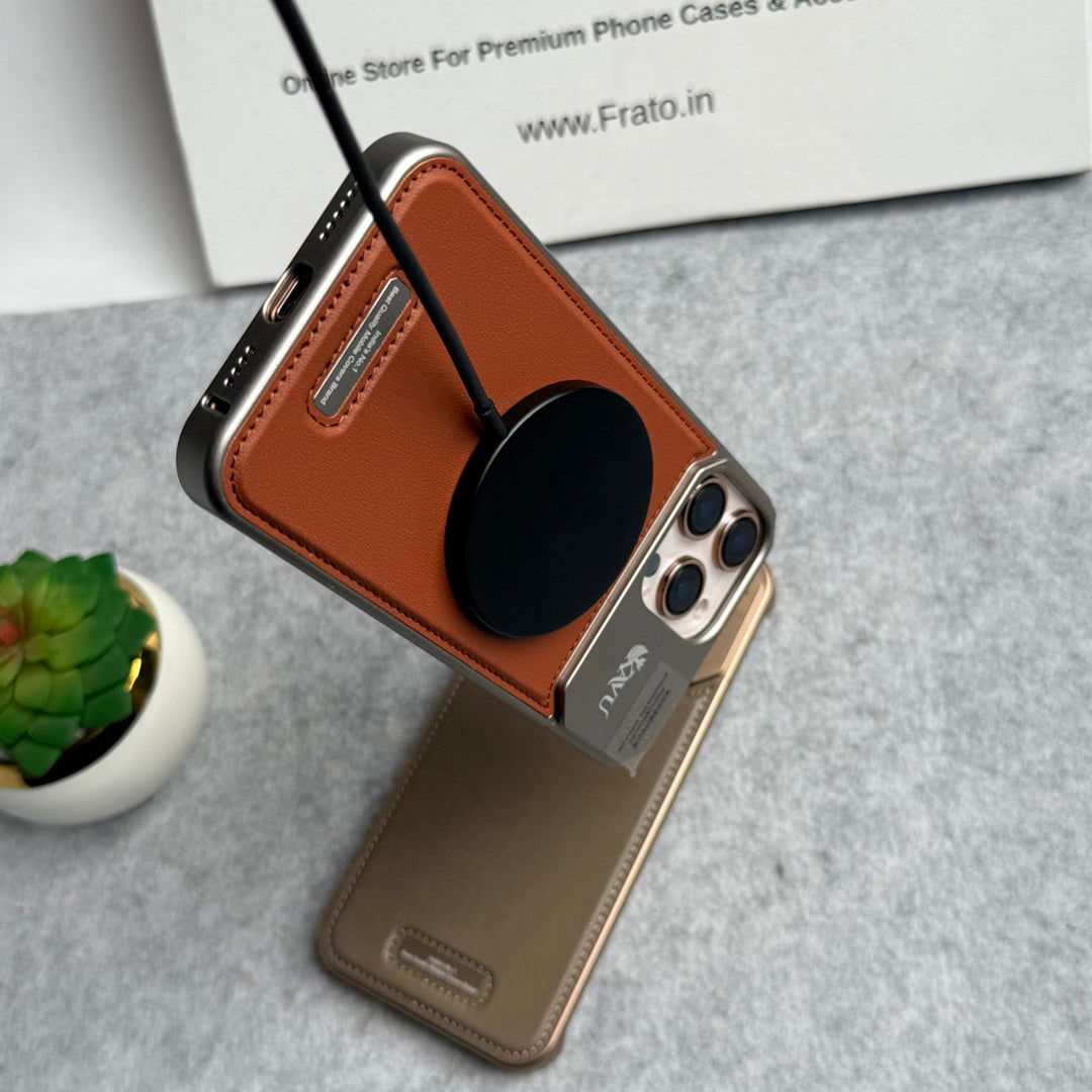 iPhone 16 Series Premium Metallic AeroFLex Aluminium Stitch Leather MagSafe Case