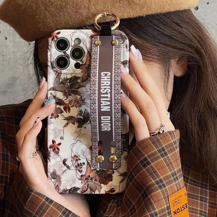 iPhone 16 series Luxury Brand CD White Floral Strap Belt Case Cover