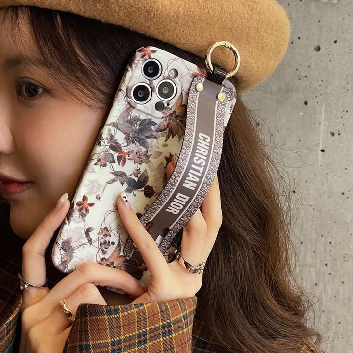 iPhone 16 series Luxury Brand CD White Floral Strap Belt Case Cover