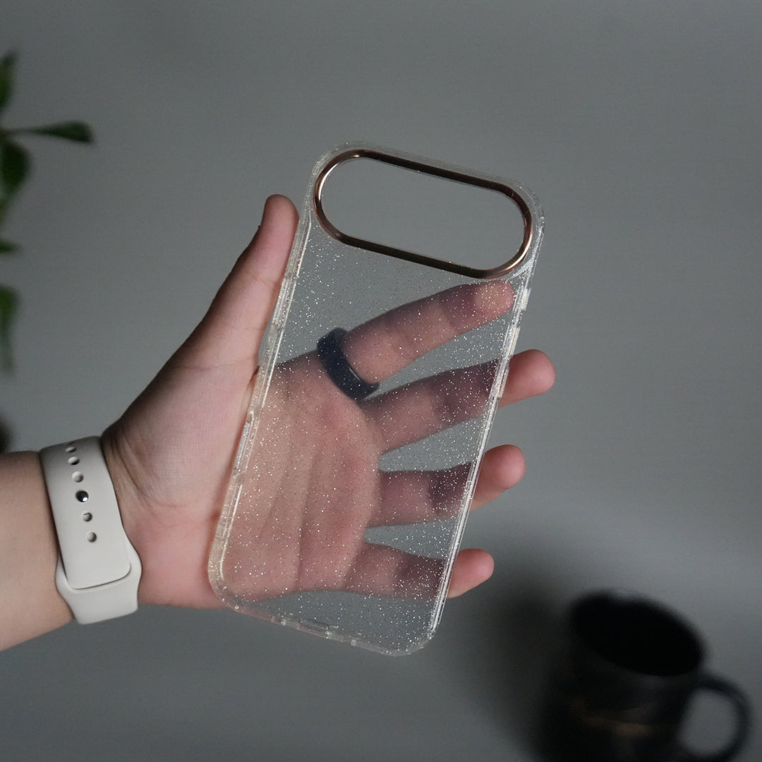 iPhone 17 Air Glitter Case | Transparent Cover with Sparkle Finish & Metallic Camera Bumper