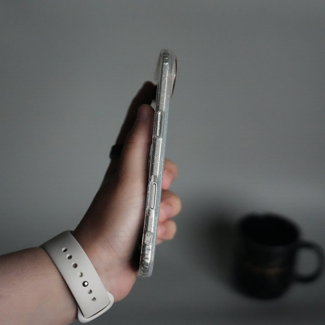 iPhone 17 Air Glitter Case | Transparent Cover with Sparkle Finish & Metallic Camera Bumper