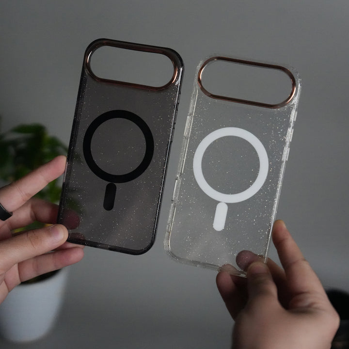 iPhone 17 Air Glitter MagSafe Case | Transparent Cover with Sparkle Finish & Metallic Camera Bumper