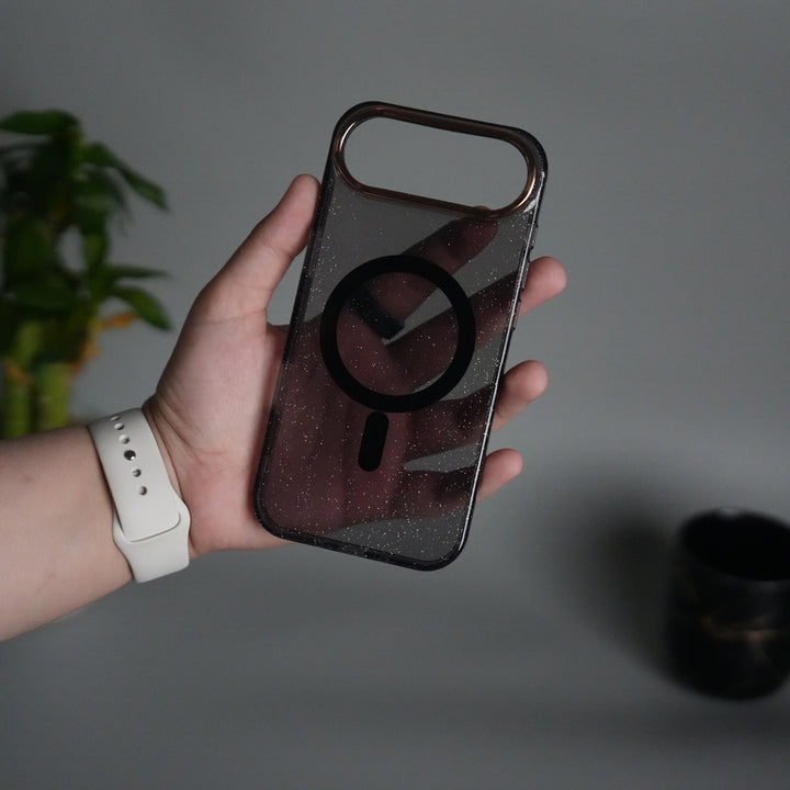 iPhone 17 Air Glitter MagSafe Case | Transparent Cover with Sparkle Finish & Metallic Camera Bumper